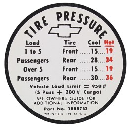 NEW GLOVEBOX DOOR TIRE PRESSURE STICKER - 1965-66