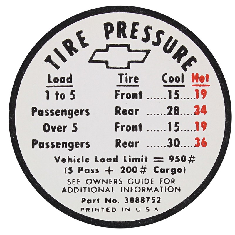 NEW GLOVEBOX DOOR TIRE PRESSURE STICKER - 1965-66
